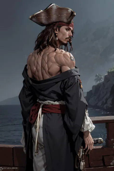 kimono, from behind, off shoulder, shoulder blades, <lora:OffShoulderKimono:1>, outdoors, night, jack sparrow, brown eyes, hat, brown hair, earrings, hat, pirate, jewelry, short hair,  <lora:Char_Sigmas_JackSparrow:0.9>, 1boy, muscular male,