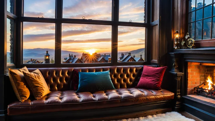 arafed couch in front of a fireplace with a view of the mountains