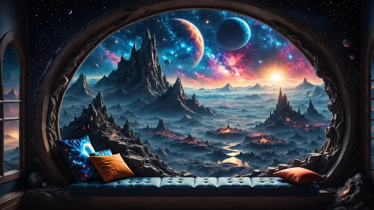 a view of a window with a view of a planet and mountains