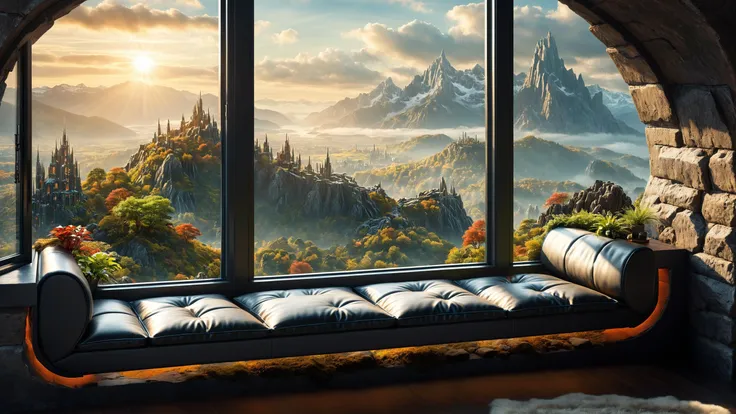 RAW photo of a  Biopunk  Cushioned window seat with scenic backdrop, <lora:EnvyCozyXL01:0.6>, <lora:xl_more_art-full_v1:0.4>, <lora:EnvyEthescapelXL01:0.7>