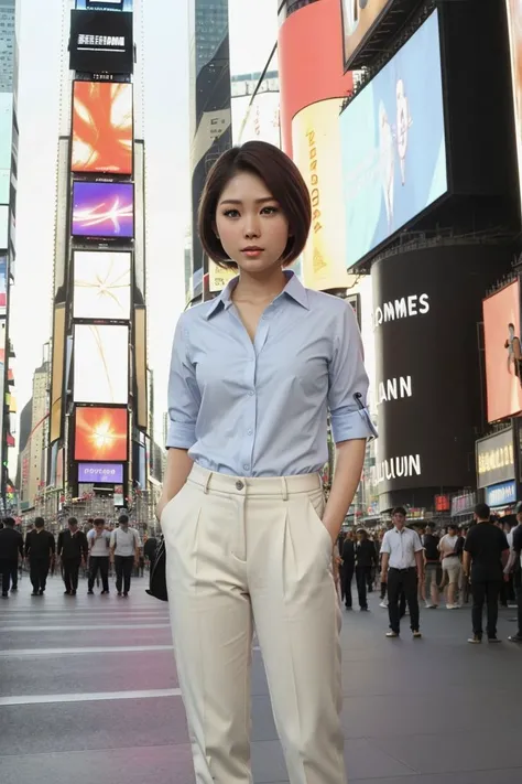 <lora:honoka_ayukawa_obj20:0.5>, full_body, standing, sandals, (shirt), pants, (times square), (honoka_ayukawa: 1.2), perfect face, (contact iris: 1.1), pale skin, skin pores , depth of field