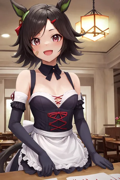 winning ticket (umamusume), (ear ornament:0.7), hairclip, bandaid on face <lora:winningTicket_loha:0.8>
:d, looking at viewer, cafe
((underbust)), (cleavage:0.8), two-tone shirt, maid apron, elbow gloves, bare shoulders, bare arms, small breasts, horse tai...