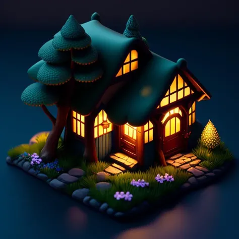 Tiny cute isometric fantasy cottage in the woods, intricately decorated, soft smooth lighting, soft colors, soft colors, 100mm lens, 3d blender render, trending on polycount, modular constructivism, blue blackground, physically based rendering, centered, v...