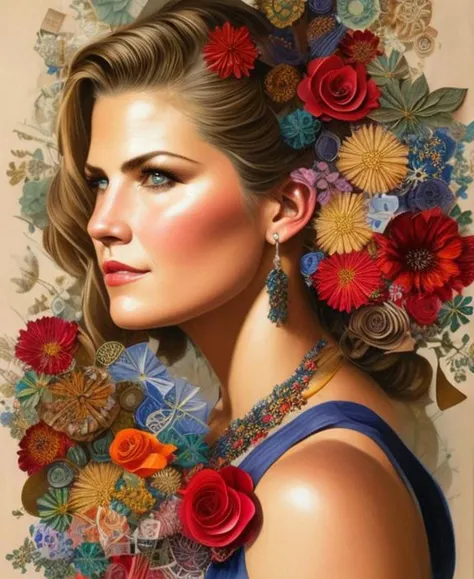 [Ali Larter:Yamila Diaz:0.5] realistic Lithography sketch portrait of a woman, flowers, [gears], pipes, dieselpunk, multi-colored ribbons, old paper texture, highly detailed