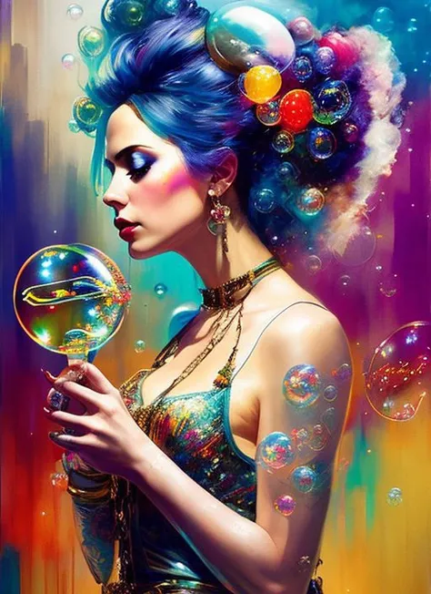 drunken beautiful woman as delirium from sandman, (hallucinating colorful soap bubbles), by jeremy mann, by sandra chevrier, by dave mckean and richard avedon and maciej kuciara, punk rock, tank girl, high detailed, 8k