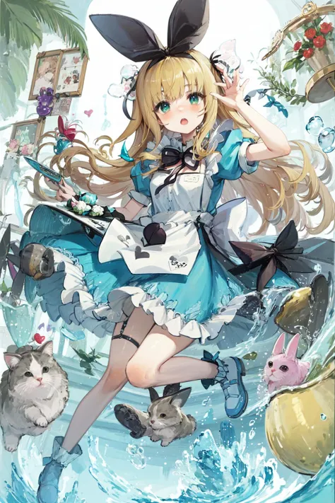 best quality, masterpiece, extremely detailed, detailed background, 1girl, alice, solo, full body, long hair, blonde hair, cute, alice in wonderland, fairy tales, rabbit with green candy