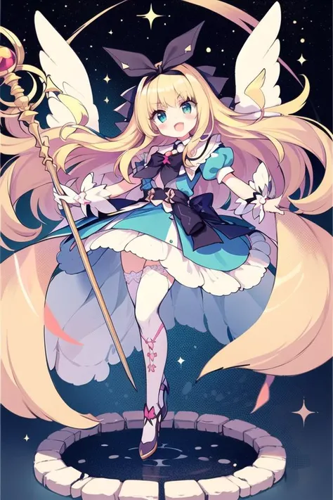 masterpiece, best quality, 1girl, alice, full body, blonde hair, long hair, looking at viewer, cute, magical girl, holding staff, flying in the sky