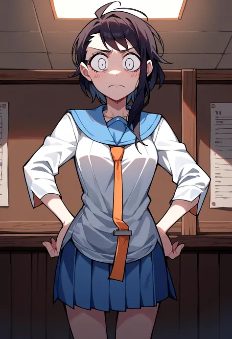 anime girl in a school uniform standing in a room