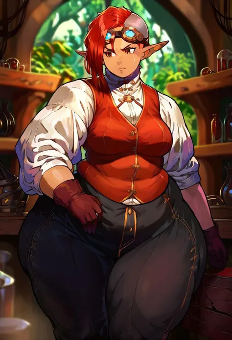 a woman with red hair and a red vest is standing in a kitchen