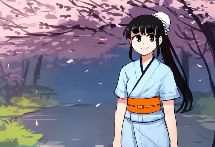 anime girl in a kimono outfit standing in front of a tree