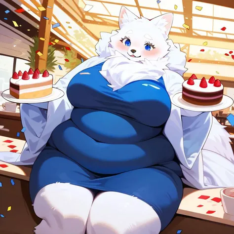 score_9, score_8_up, score_7_up, (Masterpiece), (best quality), (samoyed:1.4), solo, furry, anthro, female, fluffy neck, (white fur, white body, white eyebrows:1.2), big breasts, clothed, blue dress, blue eyes, fluffy body,  (overweight:1.4), overweight an...