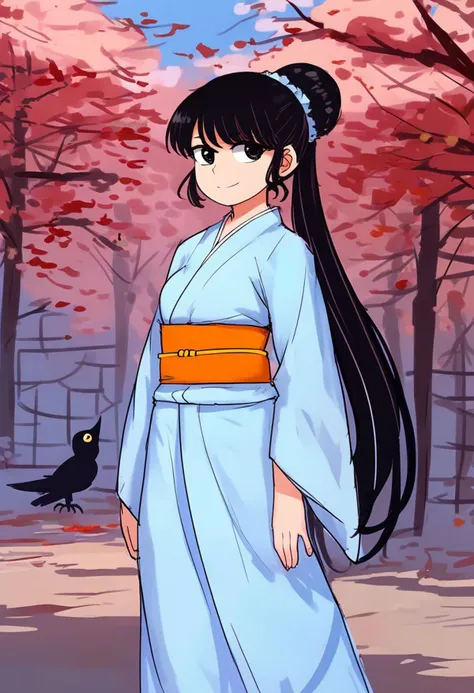 a woman in a kimono outfit standing in front of a tree