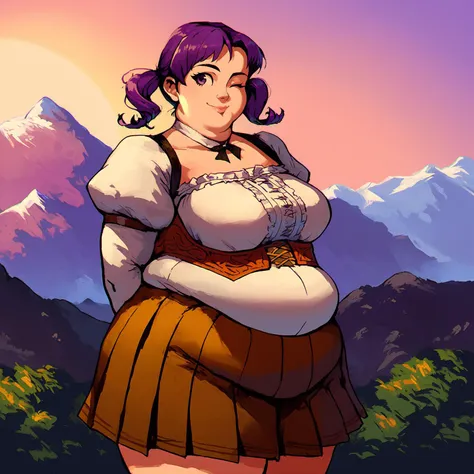 a cartoon picture of a woman in a skirt and a mountain background