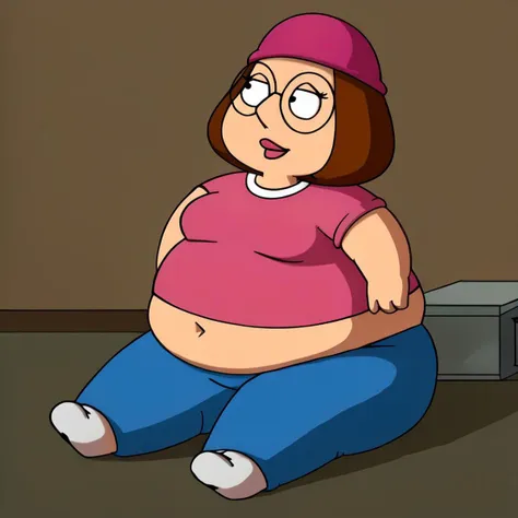 female, meg, brown hair, 1girl, glasses, solo, short hair, flat color, blue pants, beanie, pink shirt
tummy, sitting on floor,