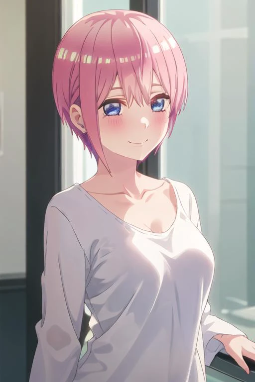 best quality, masterpiece, highres, solo, {nakano_ichika_gotoubunnohanayome:1.15}, pink_hair, short_hair, bangs, blue_eyes, blush, hair_between_eyes, closed_mouth, 1girl, breasts, collarbone, shirt, smile, upper_body, white_shirt, large_breasts, long_sleev...