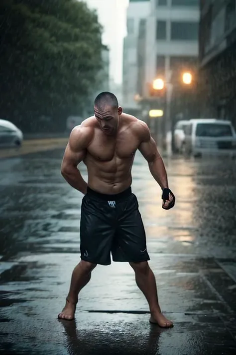 Bully fighting man in the rain,