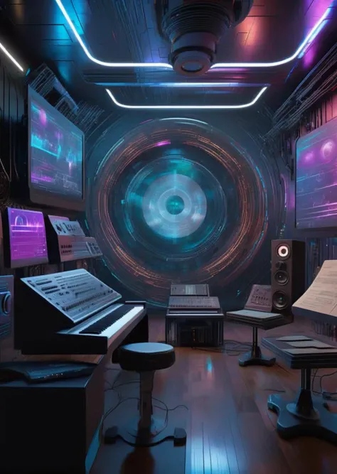 ((magazine photography)) , Echo chamber arena, sound waves manipulated, sonic duels between cyber-bards, ethereal notes and harmonic battles, a symphony of auditory warfare. ,  cgstudio, computer graphics, space art , cyberpunk ambient, a room<lora:cyber_r...