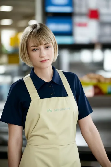 1girl, solo, portrait of a McDonald worker wearing uniform at a counter, pixie cut with bangs, McDonalds, looking at viewer, blurry_background, bokeh, chromatic_aberration, depth_of_field, female focus, photorealistic, soft colors, masterpiece, high qualit...