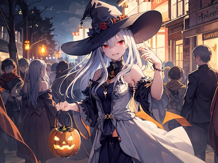 anime girl in a witch costume walking down a street with a pumpkin