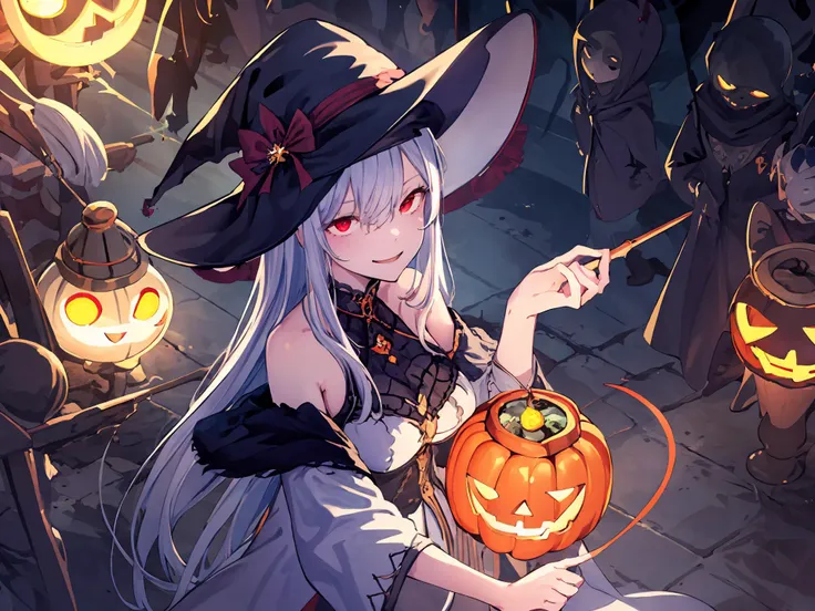 anime girl in a witch costume holding a pumpkin