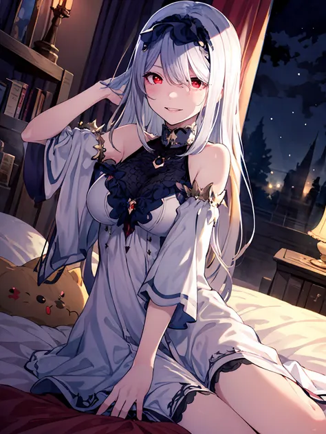 anime girl with long white hair sitting on bed with cat