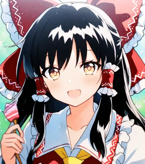 hakurei reimu, <hypernet:qqqrinkappp:0.775>, starry_sky_print, starry_sky, (traditional_media:1.2), (light_particles:1.2), depth_of_field, milky way, blurry, upper body, happy, (best lighting:1.1), CG, wallpaper, HD, high quality, high-definition, extremel...