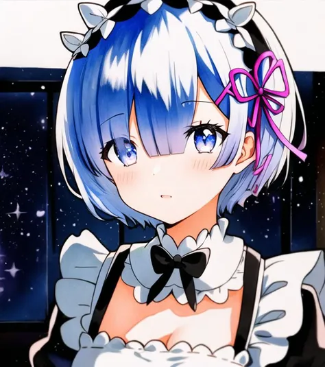 rem (re:zero), <hypernet:qqqrinkappp:0.775>, starry_sky_print, starry_sky, (traditional_media:1.2), (light_particles:1.2), depth_of_field, milky way, blurry, upper body, short hair, maid, (best lighting:1.1), CG, wallpaper, HD, high quality, high-definitio...