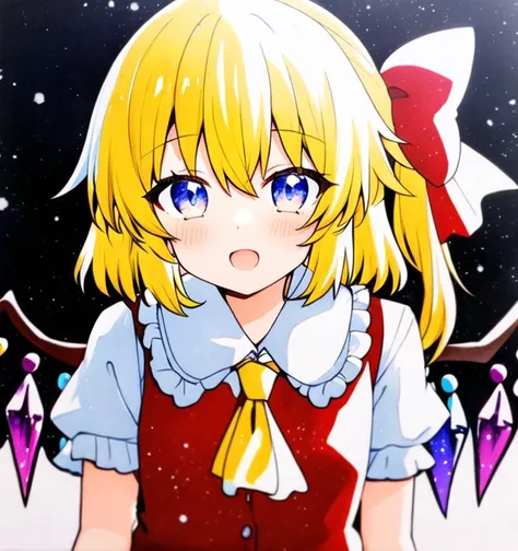 flandre scarlet, <hypernet:qqqrinkappp:0.775>, starry_sky_print, starry_sky, (traditional_media:1.2), (light_particles:1.2), depth_of_field, milky way, blurry, upper body, sitting, open mouth, (best lighting:1.1), CG, wallpaper, HD, high quality, high-defi...