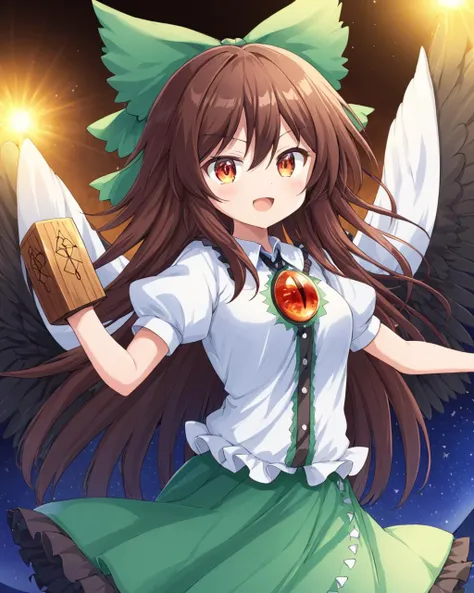 a girl with long hair and a green skirt holding a knife