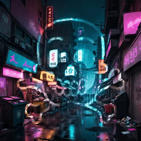 cyberpunk street, crowded with ad signs, neon lights, shops, graffiti, litter, trash, wet asphalt, nightime