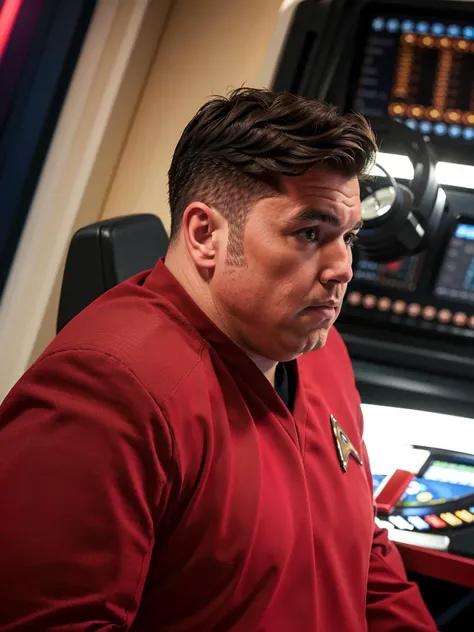 arafed man in red shirt sitting in front of a control panel