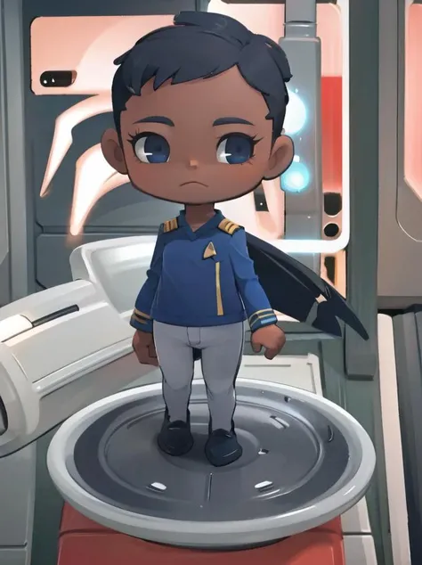 masterpiece, best quality,
(chibi:1.2), 1girl, solo, standing, black hair, dark skin, straight-on, 
blue stsnwunf uniform, starship bridge
 <lora:animal_crossing02-000010:0.7>
 <lora:star_trek_STSNW1024:0.9>