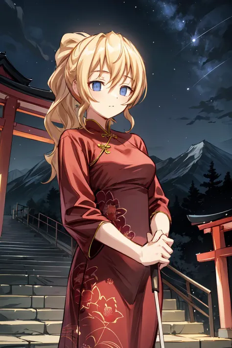 (masterpiece:1.2), ultra detailed,,<lora:LillySatou:0.8>, Lilly, empty eyes, ponytail, china dress, cane,  stairs, japanese temple, mountain, forest, Torii, best quality, ((night)), <lora:Adddetail:0.7>, looking at the viewer