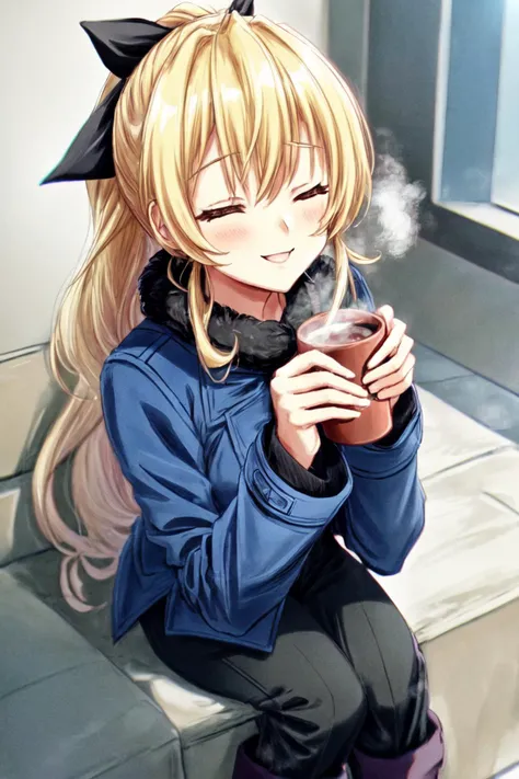 (ultra detailed, masterpiece, anime aesthetic) Lilly Satou,  20 years old woman, blonde, ponytail, black ribbon in hair, blue winter coat, black winter pants, winter boots, holding cup of hot chocolate with both hands, steaming, smiling, eyes closed, snowy...