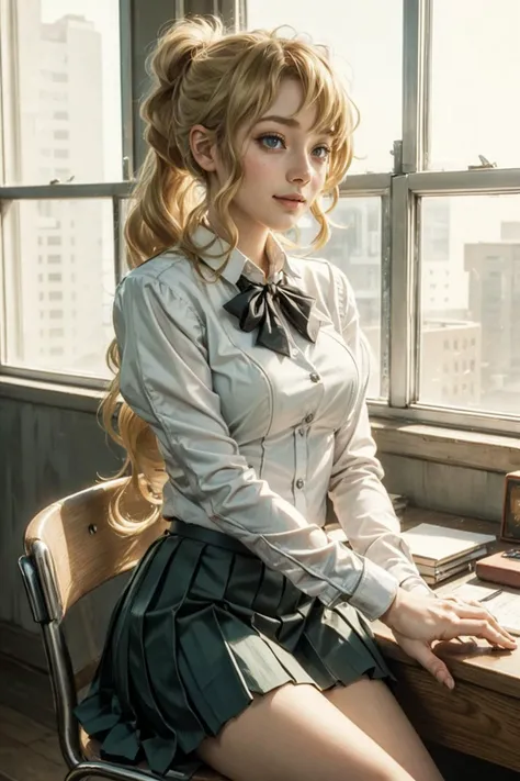 (masterpiece),(best quality), Lilly Satou, 18 years old woman, gentle smile, school uniform, green skirt, ponytail, natural blonde, looking away from viewer, sunlight, windows, chair, sitting, desk, looking away, blind<lora:LillySatou:0.9>