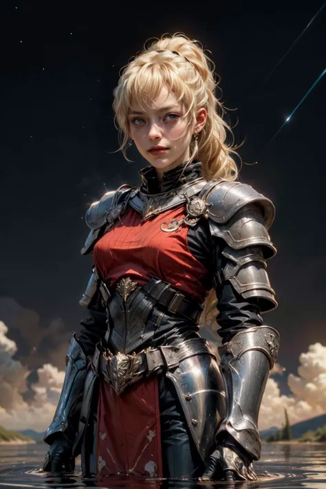 <lora:LillySatou:0.8> <lora:add_detail:0.6>Lilly Satou, standing in shallow water, ripples, masterpiece, ultra detailed, highres, high quality, wearing gold and red silk armor, blonde, ponytail, blind, starry sky, celestial sky, shimmering, reflecting ligh...