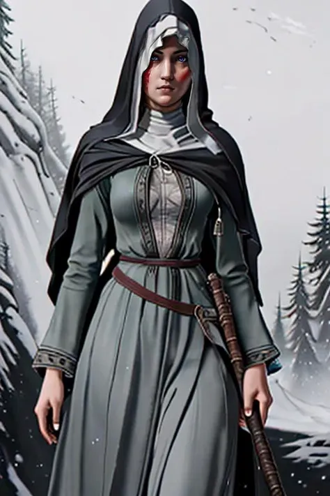 a woman in a nun outfit holding a sword and a sword