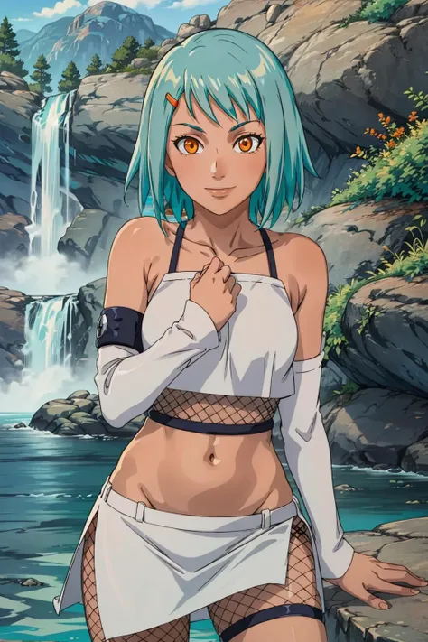 at a waterfall, cascading water, rocky cliffs, refreshing, fuu, hair ornament, orange eyes, hairclip, bare shoulders, collarbone, aqua hair, fishnets, skirt, groin, detached sleeves, <lora:FuuAlt:0.7>, looking at viewer, pose, smile, <lora:add_detail:0.3>