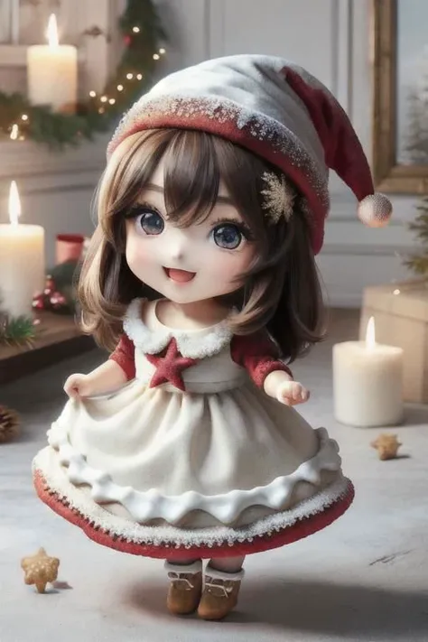 masterpiece, best quality, <lora:sugarcookiestyle-nvwls-v1-000009:1> 1girl, chibi, :D, furrowed brow, christmas dress, christmas hat