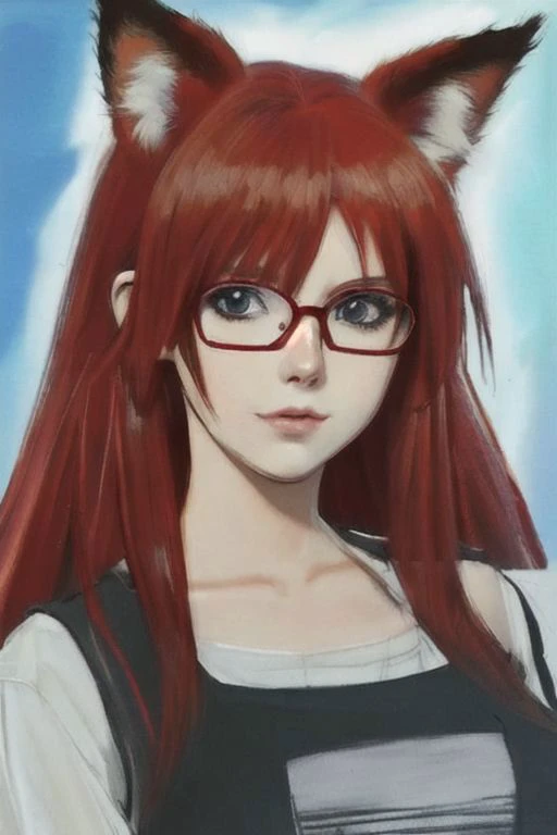 Fox, girl, anime, ears, face, red hair, square glasses