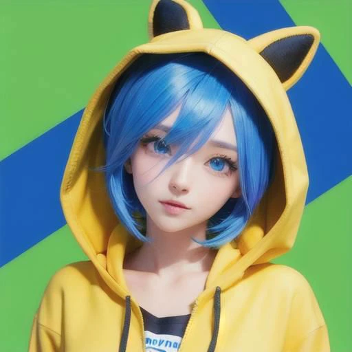 A anime girl with yellow hoodie ,blue hair, black pain,  blue eyes,4k,highest quality, add more detail to the eyes