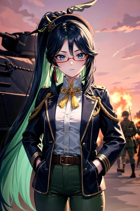 (masterpiece, best quality, detailed), 1girl, solo, looking at viewer, xianyun, very long hair, ponytail, hair ornament, semi-rimless eyewear, earrings,
military uniform, military, soldier, belt, green pants, metal, beret, brown jacket, world war ii, war, ...