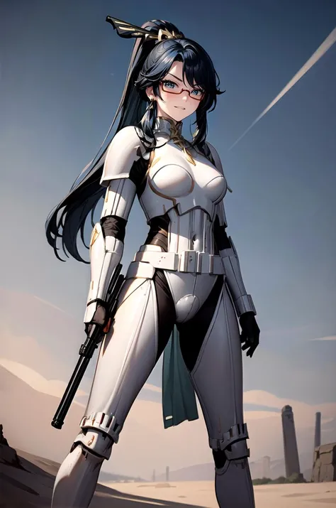 (masterpiece, best quality, detailed), 1girl, solo, looking at viewer, xianyun, medium breasts, multicolored hair, very long hair, ponytail, hair ornament, semi-rimless eyewear, earrings, jewelry,
<lora:StormTrooper:1>, stormtrooper, armor, desert, sand, d...