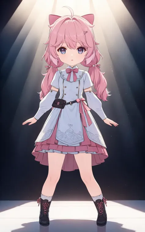 a girl with pink hair and a pink dress is standing in front of a light