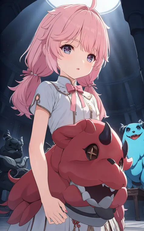 a woman holding a stuffed animal in front of a group of monsters