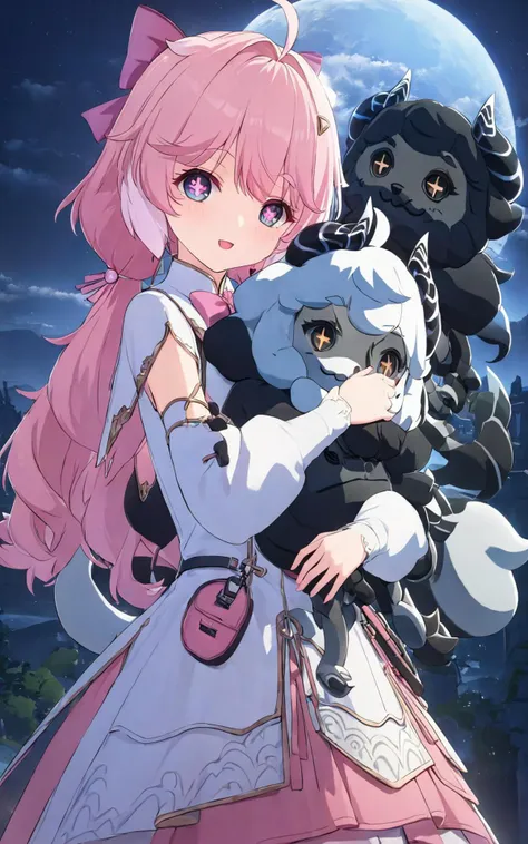 a woman in a pink dress holding a cat in front of a full moon