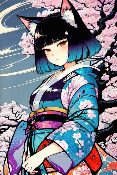 japanretro harajukupunk style, catgirl, tall tree, large tree branch, (ukiyoe:1.2), japanese print, masterful print, vibrant colors, cinematic still, modern colors, candid shot, best quality, masterpiece <lora:aesthetic:2.0> <lora:bijinga_style:0.4>