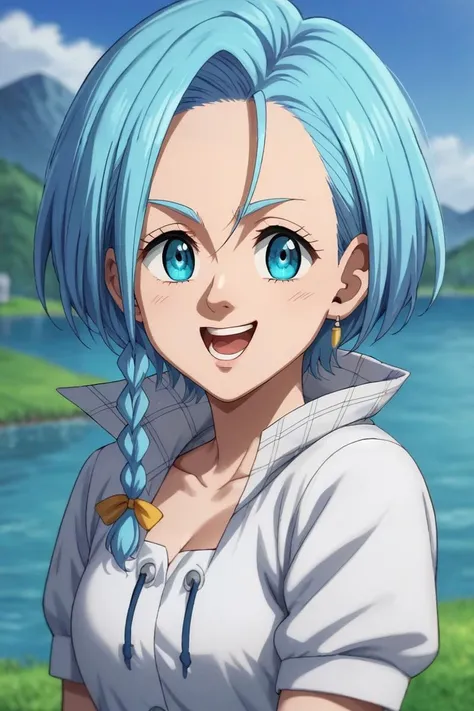 a woman with blue hair and blue eyes standing in front of a lake