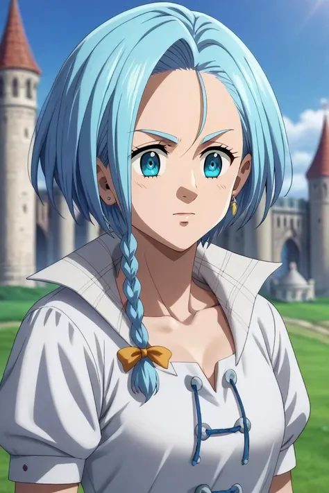 a woman with blue hair and blue eyes standing in front of a castle