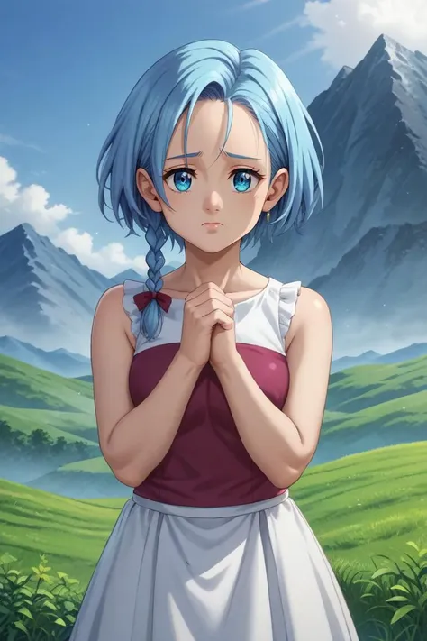 a woman with blue hair and a white dress standing in front of a mountain